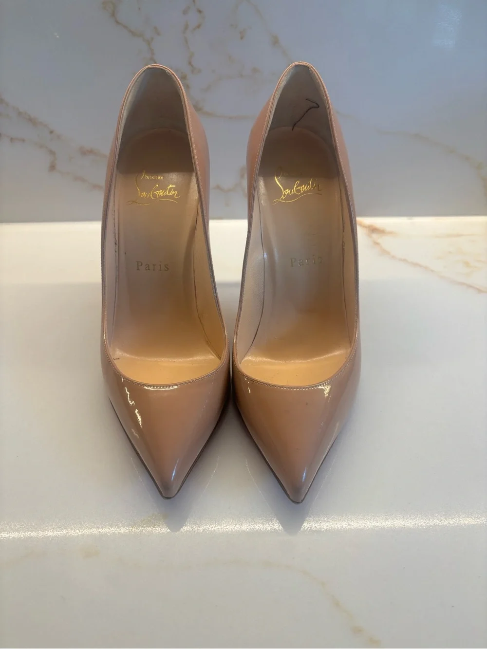 Christian Louboutin Nude Patent Pigalle 100 Pumps - Beige Patent with Red Sole